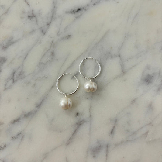 Sterling Silver Large Pearl Hoops